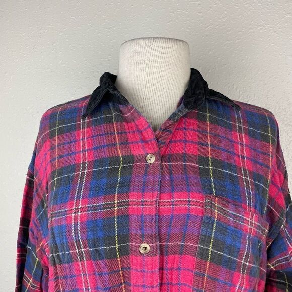 Pre-Owned New Directions Womens Plaid Flannel w/Corduroy Collar Button Down LG - Picture 2 of 5